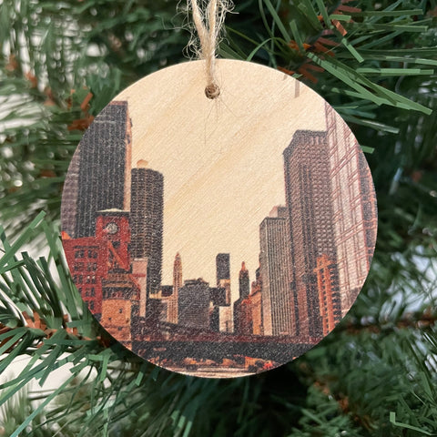 Wood Slice Ornament - Chicago Skyline From River